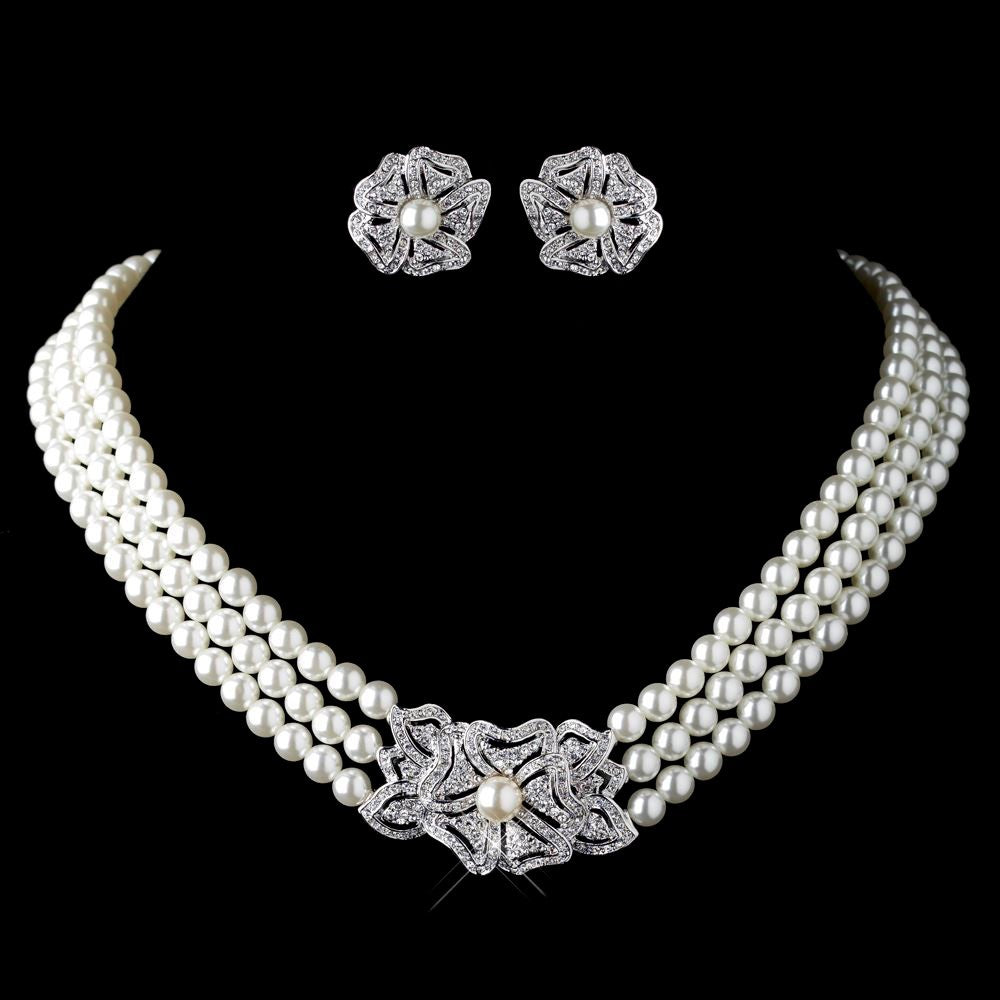 Pearl Rhinestone Necklace & Earrings Jewelry Set