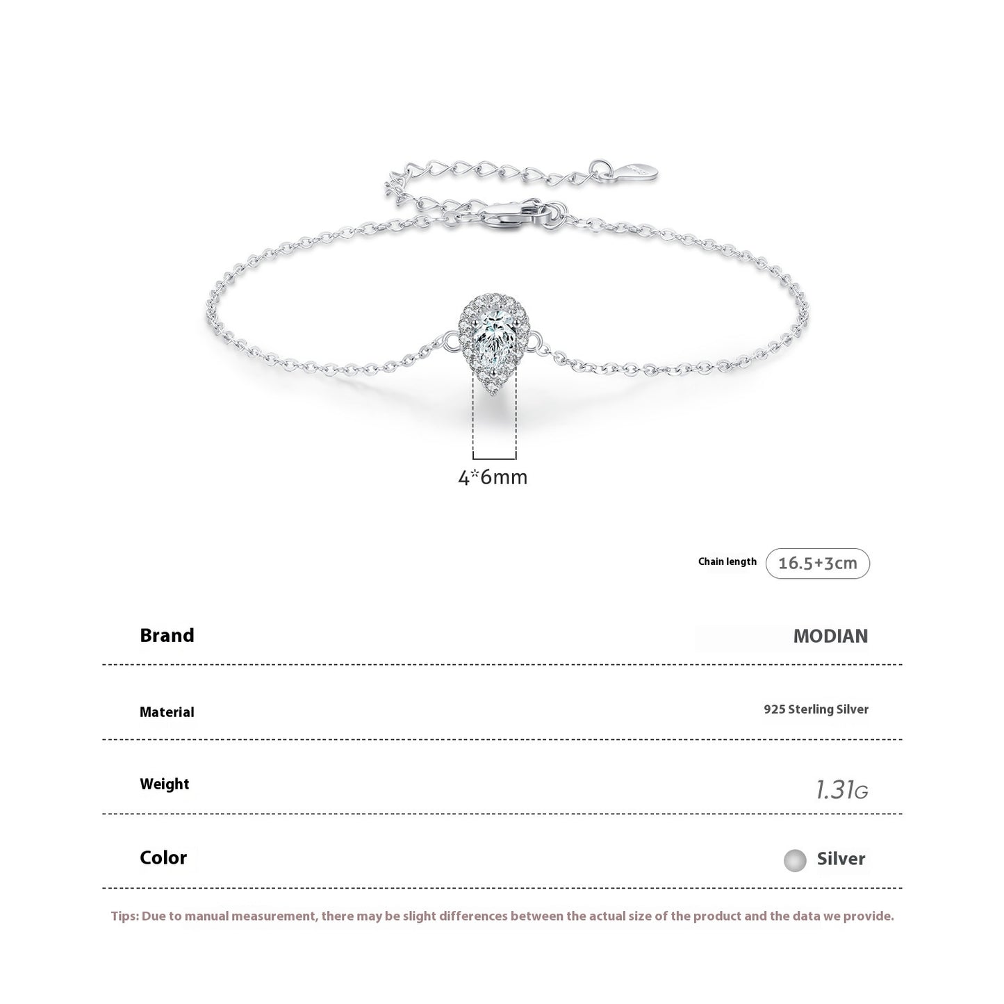 MODIAN S925 Sterling Silver Temperamental Elegant Zircon Drop-shaped Diamond Bracelet